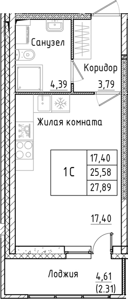 Планировка — Аквилон РекаПарк, Студия, 26 м²