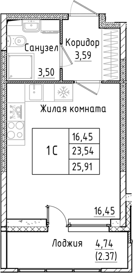 Планировка — Аквилон РекаПарк, Студия, 24 м²