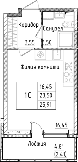 Планировка — Аквилон РекаПарк, Студия, 24 м²