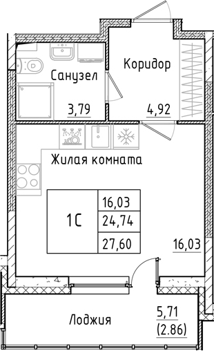 Планировка — Аквилон РекаПарк, Студия, 25 м²