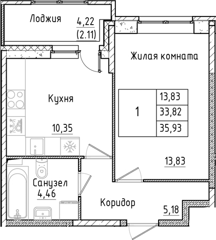 Планировка — Аквилон РекаПарк, 1-комн., 34 м²