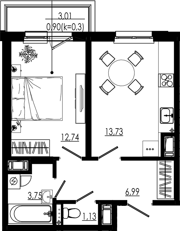 Планировка — LIBERTY DOM, 1-комн., 38 м²