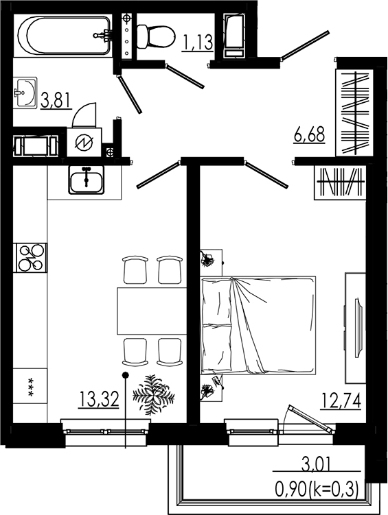 Планировка — LIBERTY DOM, 1-комн., 38 м²