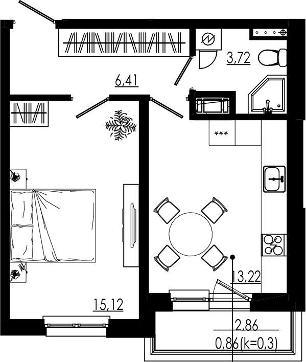 Планировка — LIBERTY DOM, 1-комн., 38 м²