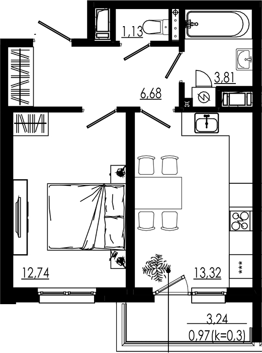 Планировка — LIBERTY DOM, 1-комн., 38 м²