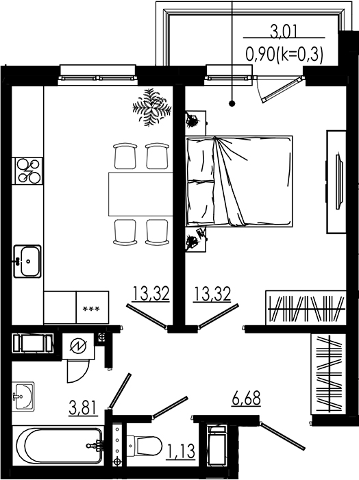 Планировка — LIBERTY DOM, 1-комн., 38 м²