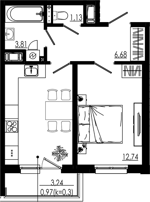 Планировка — LIBERTY DOM, 1-комн., 38 м²