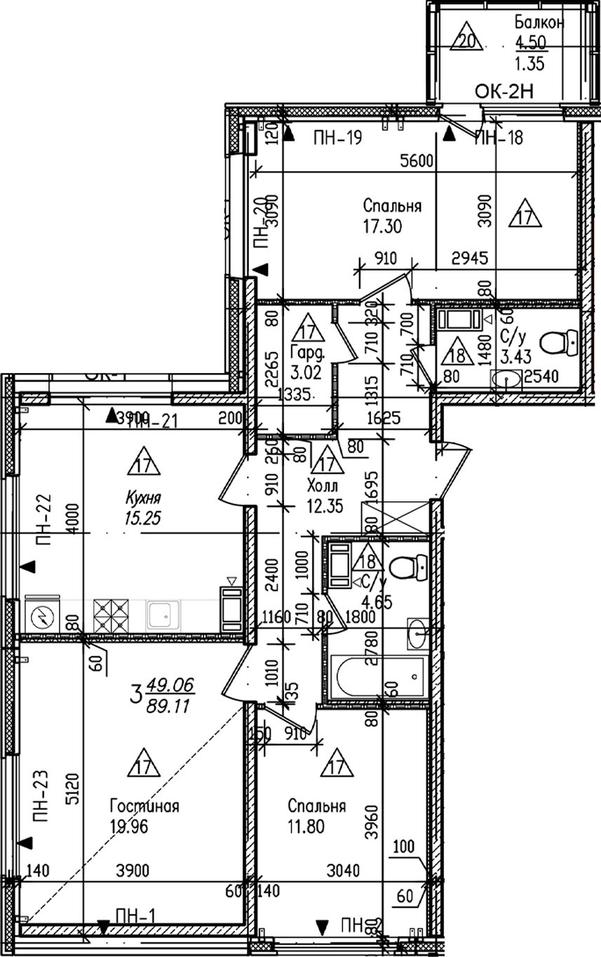 Планировка — УЮТ, 3-комн., 88 м²
