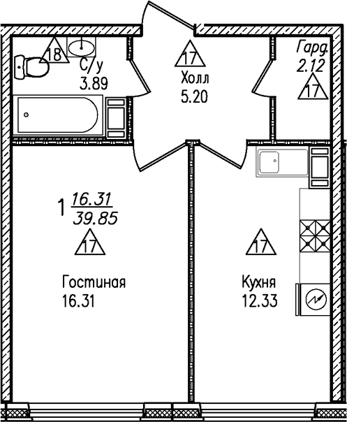 Планировка — УЮТ, 1-комн., 40 м²