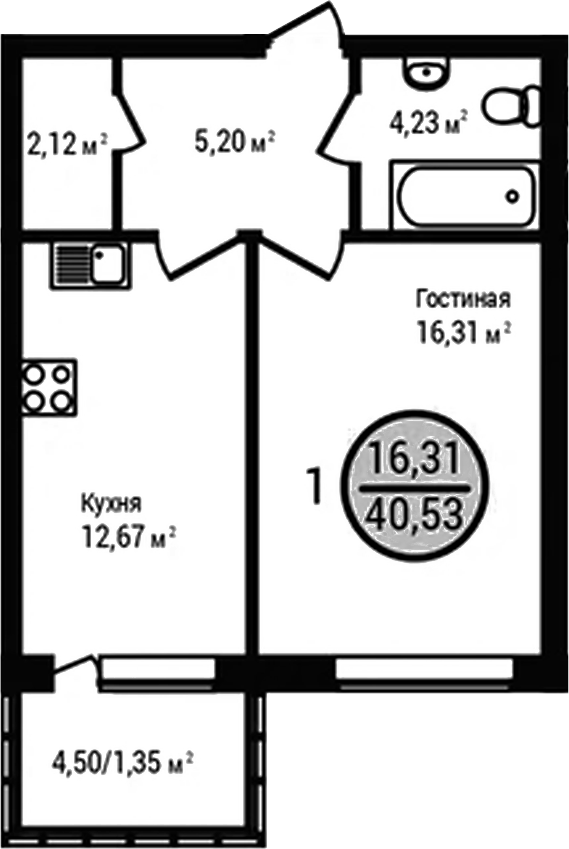 Планировка — УЮТ, 1-комн., 39 м²