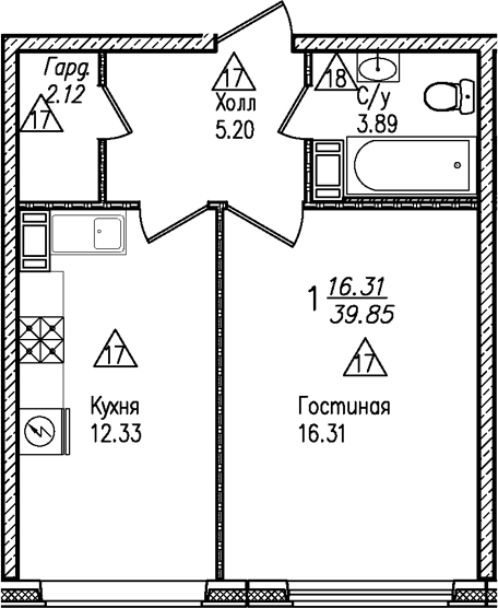 Планировка — УЮТ, 1-комн., 40 м²