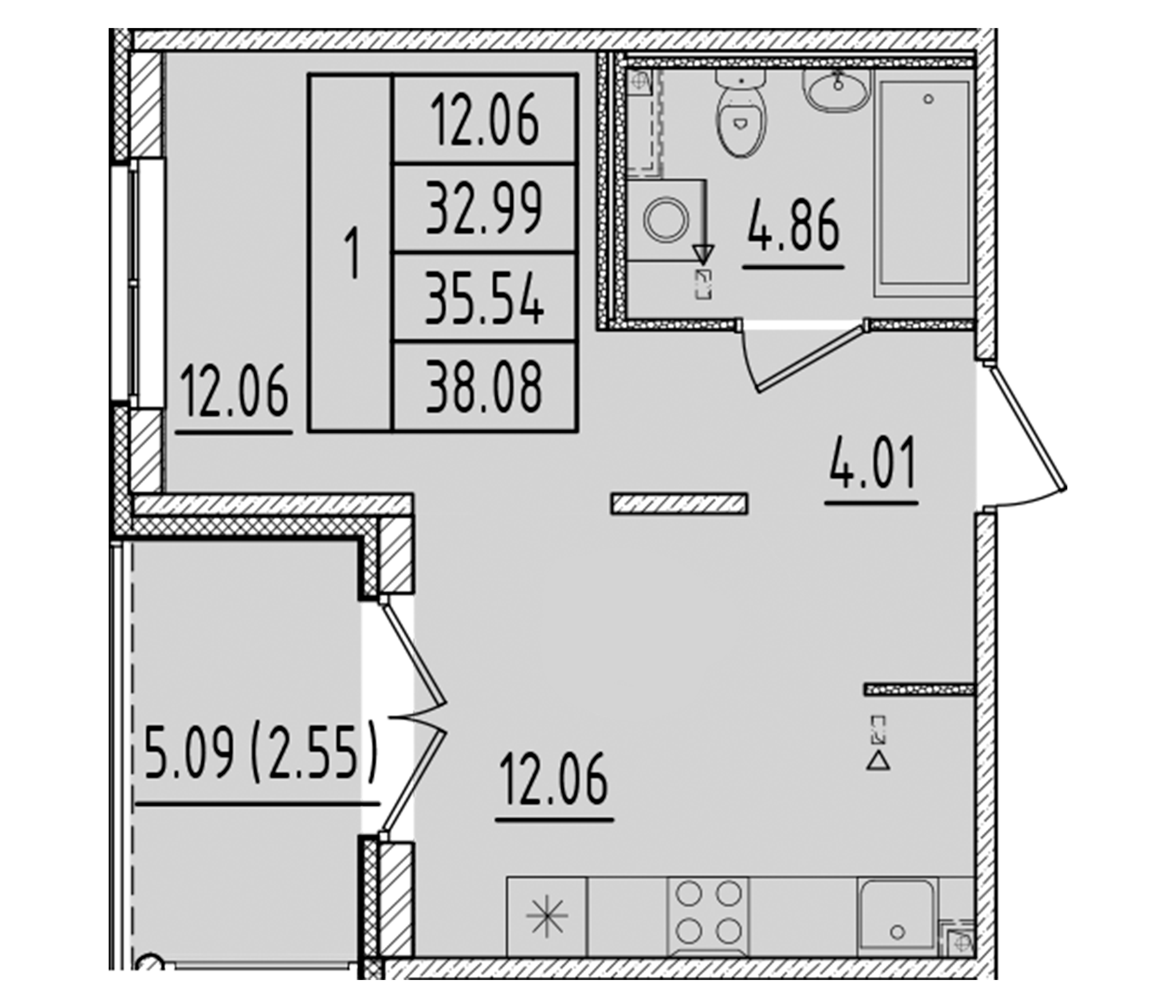 Планировка — Образцовый квартал, 1-комн., 33 м²