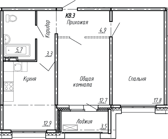 Планировка — Сибирь, 2-комн., 57 м²