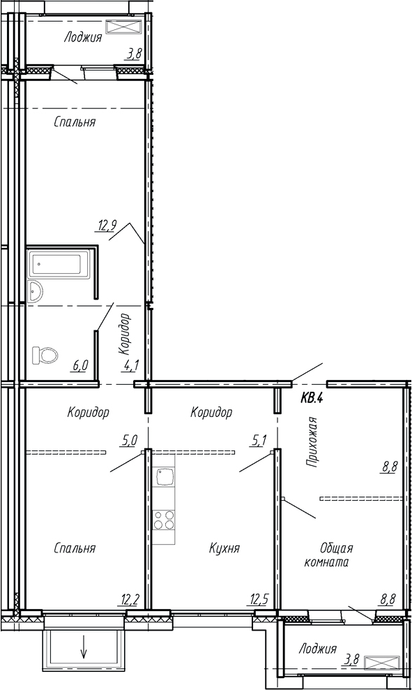 Планировка — Сибирь, 3-комн., 75 м²