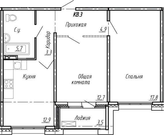 Планировка — Сибирь, 2-комн., 57 м²