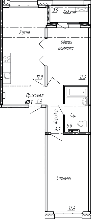 Планировка — Сибирь, 3-комн., 63 м²
