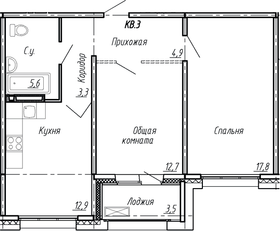 Планировка — Сибирь, 2-комн., 57 м²