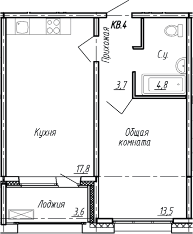 Планировка — Сибирь, 2-комн., 40 м²