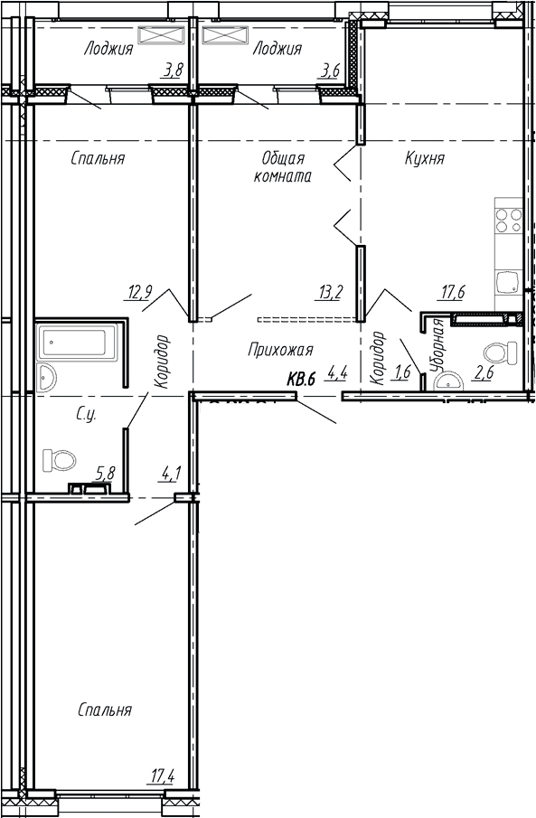 Планировка — Сибирь, 4-комн., 80 м²
