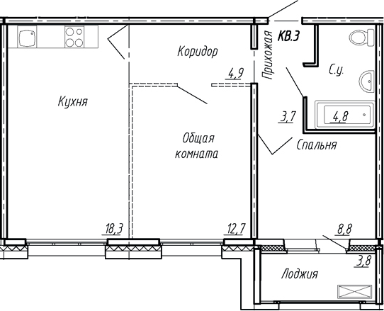 Планировка — Сибирь, 3-комн., 53 м²