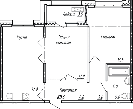 Планировка — Сибирь, 3-комн., 58 м²
