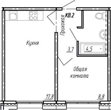 Планировка — Сибирь, 2-комн., 35 м²