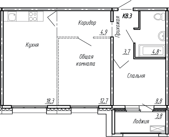 Планировка — Сибирь, 3-комн., 53 м²