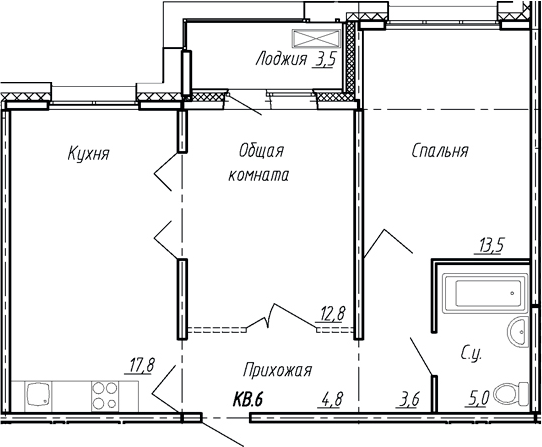 Планировка — Сибирь, 3-комн., 58 м²