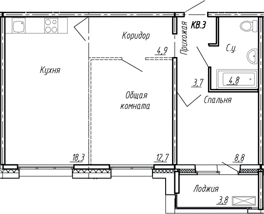 Планировка — Сибирь, 3-комн., 53 м²