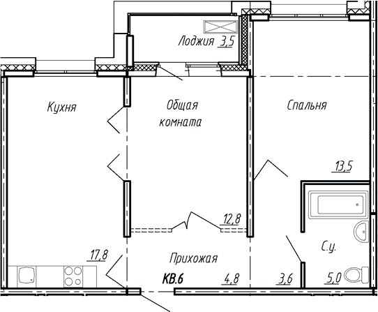 Планировка — Сибирь, 3-комн., 58 м²