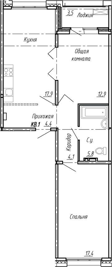 Планировка — Сибирь, 3-комн., 63 м²