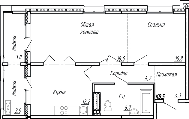 Планировка — Сибирь, 2-комн., 57 м²