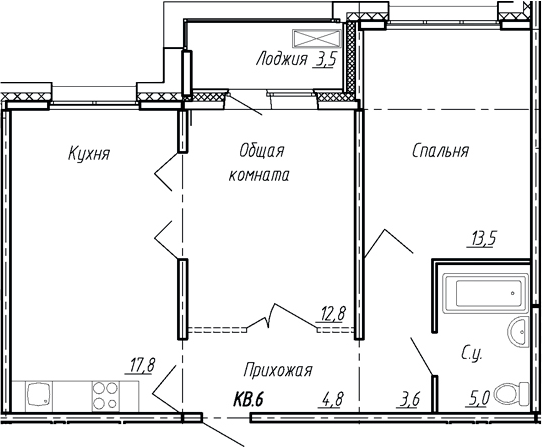 Планировка — Сибирь, 3-комн., 58 м²