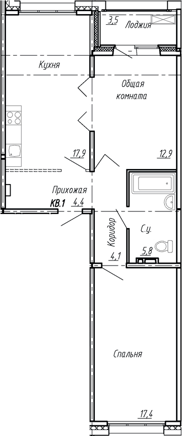 Планировка — Сибирь, 3-комн., 63 м²