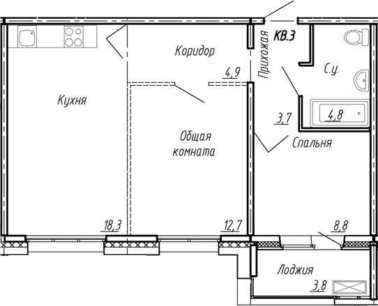 Планировка — Сибирь, 3-комн., 53 м²