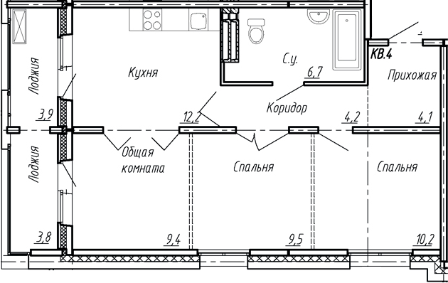 Планировка — Сибирь, 3-комн., 56 м²