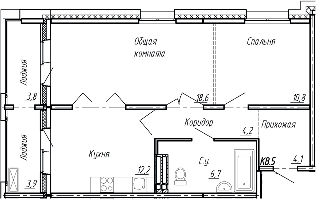 Планировка — Сибирь, 2-комн., 57 м²