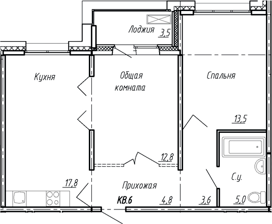 Планировка — Сибирь, 3-комн., 58 м²