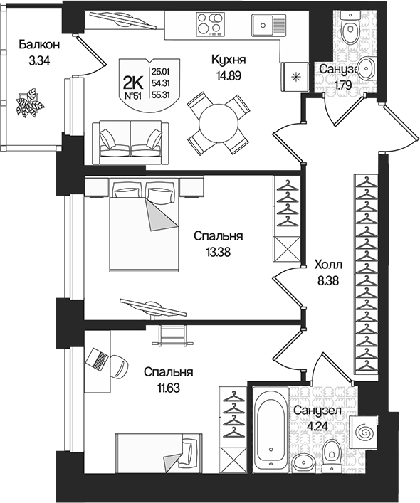 Планировка — Охтинские высоты, 2-комн., 54 м²