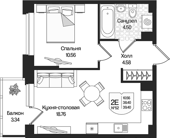 Планировка — Охтинские высоты, 2-комн., 38 м²