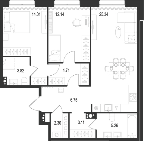 Планировка — Остров Первых, 3-комн., 77 м²
