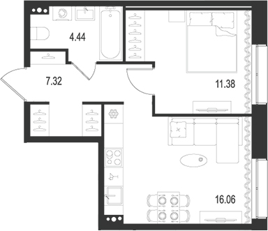 Планировка — Остров Первых, 2-комн., 39 м²