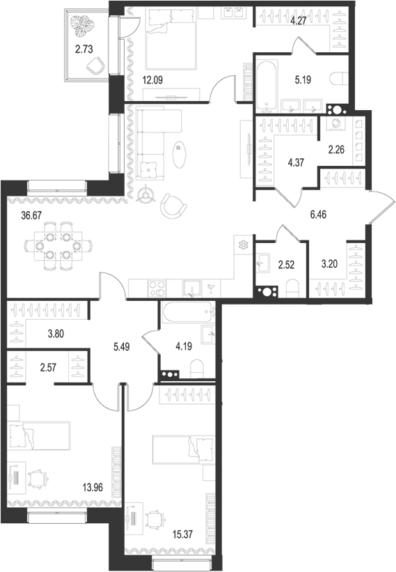 Планировка — Остров Первых, 4-комн., 120 м²