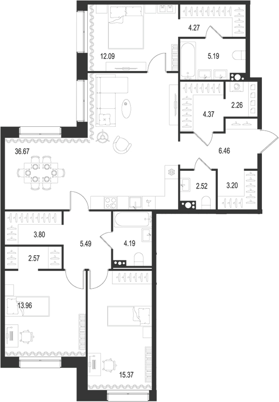 Планировка — Остров Первых, 4-комн., 122 м²