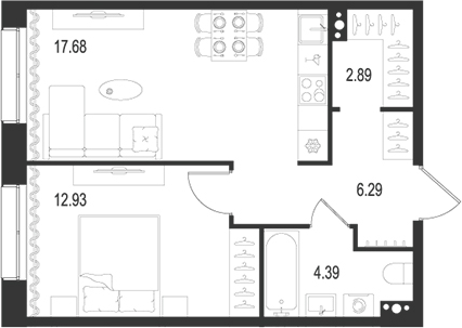 Планировка — Остров Первых, 2-комн., 44 м²