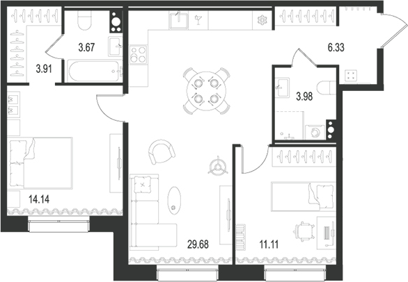 Планировка — Остров Первых, 3-комн., 73 м²