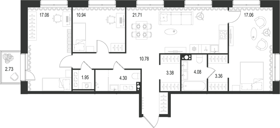Планировка — Остров Первых, 4-комн., 95 м²