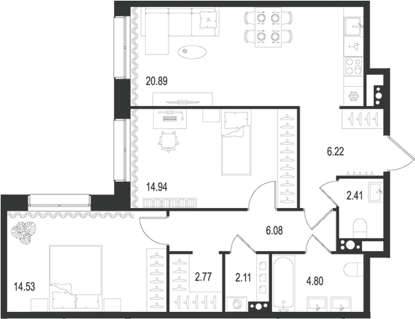 Планировка — Остров Первых, 3-комн., 75 м²