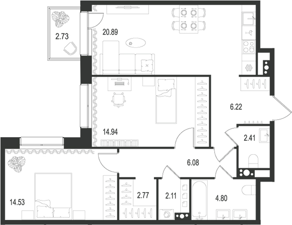 Планировка — Остров Первых, 3-комн., 75 м²
