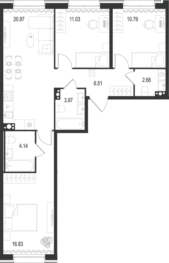 Планировка — Остров Первых, 4-комн., 77 м²